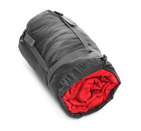 Photo of Sleeping bag in case on white background. Camping equipment