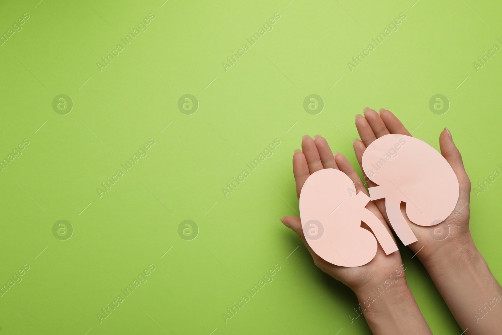 Photo of Woman holding paper cutout of kidneys on green background, top view. Space for text