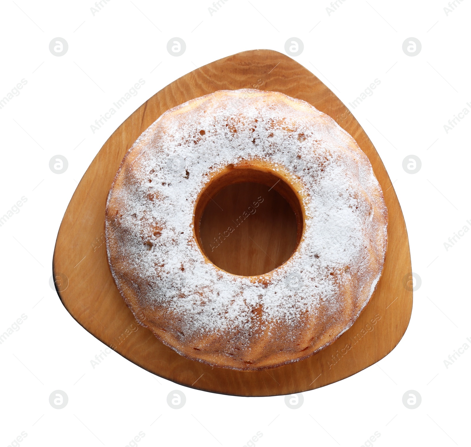 Photo of Homemade yogurt cake with powdered sugar on white background, top view