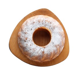 Homemade yogurt cake with powdered sugar on white background, top view