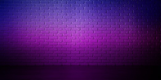 Image of Room with brick wall and wooden floor in neon lights, banner design