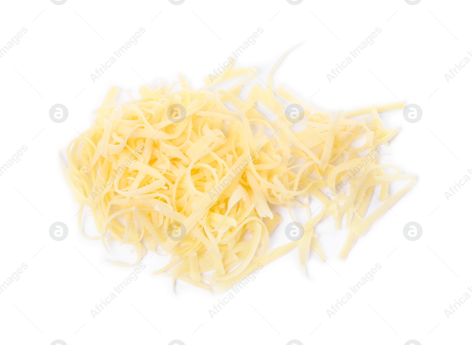 Photo of Pile of tasty grated cheese isolated on white, top view