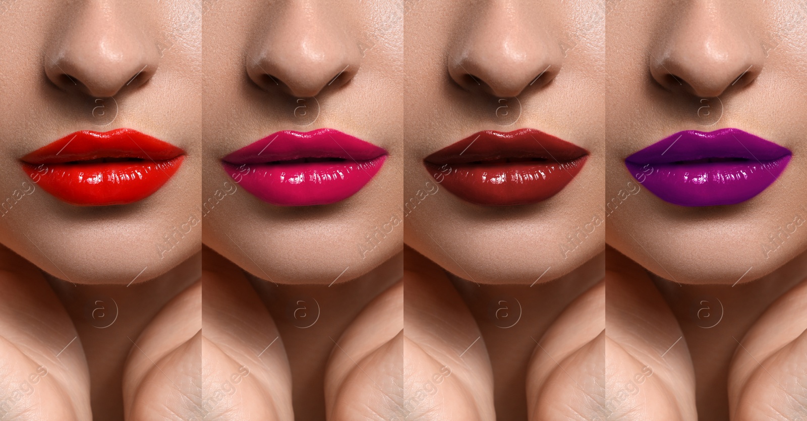 Image of Collage with photos of young woman with different glossy lipsticks, closeup. Banner design