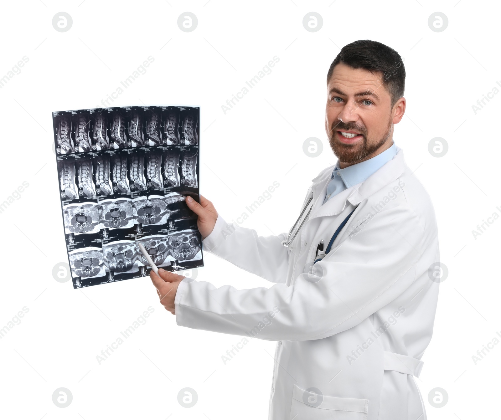 Photo of Orthopedist holding X-ray picture on white background