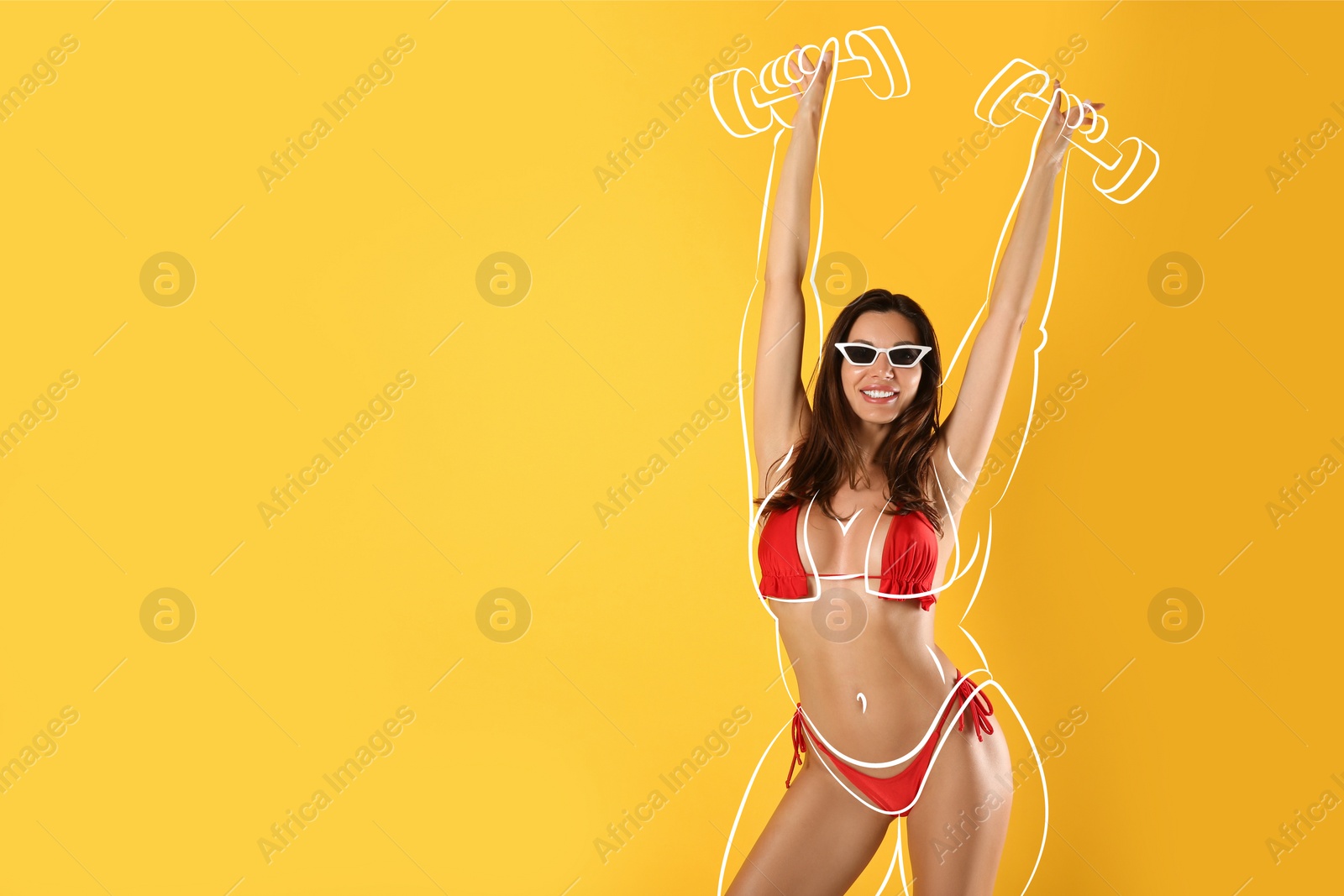 Image of Happy slim woman in swimsuit and sunglasses on orange background. Outline with dumbbells as her overweight figure before workout. Space for text