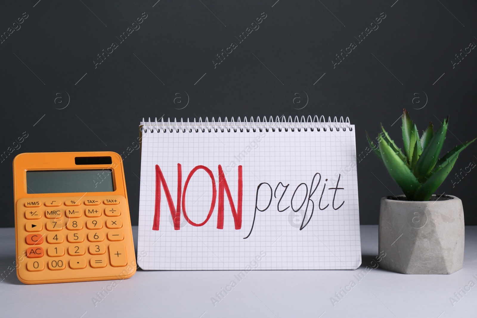 Photo of Notebook with phrase Non Profit, calculator and houseplant on white table