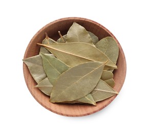Photo of Bay leaves in wooden bowl isolated on white, top view