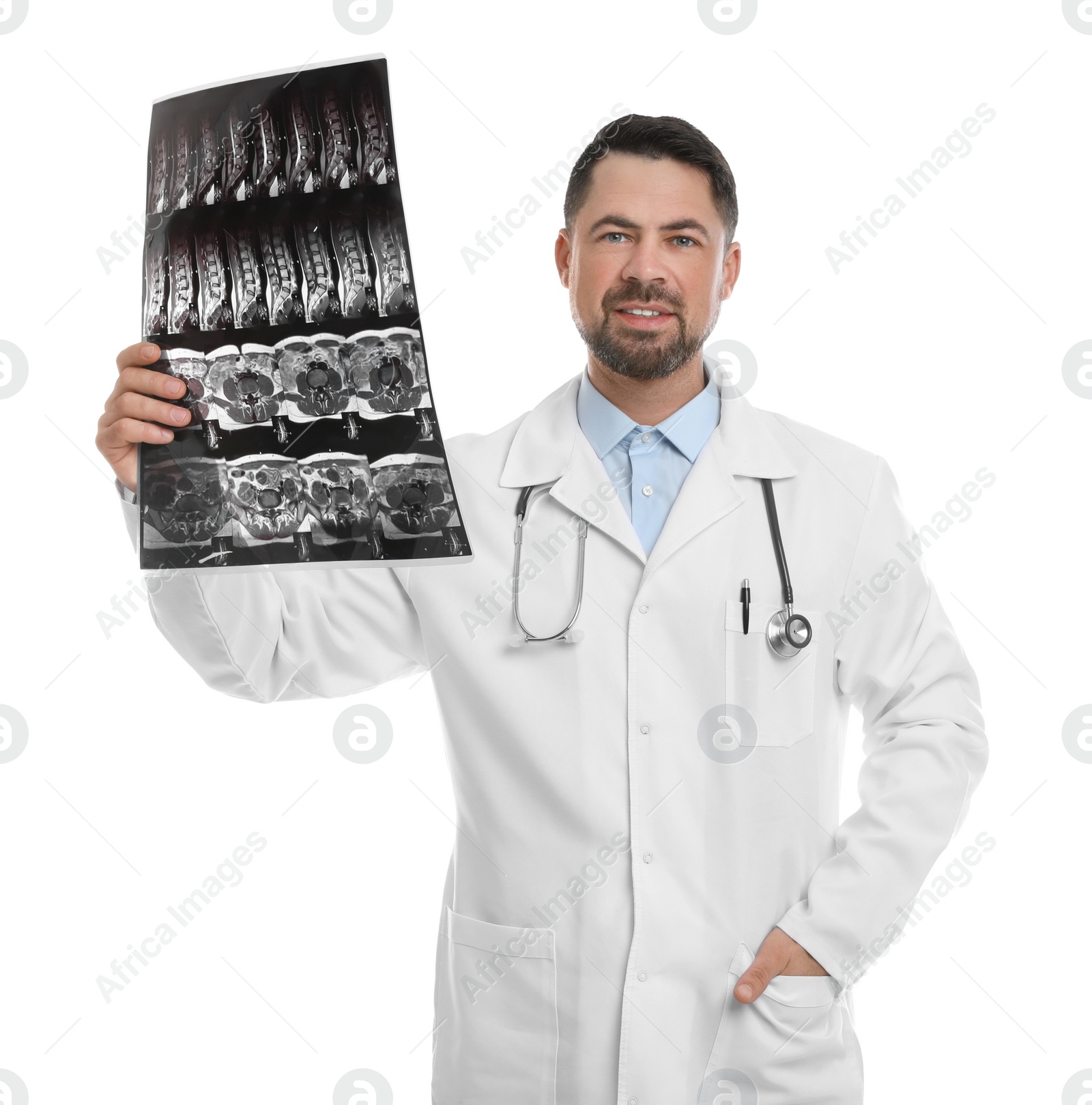 Photo of Orthopedist holding X-ray picture on white background