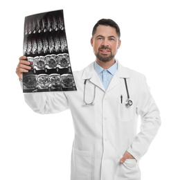 Orthopedist holding X-ray picture on white background