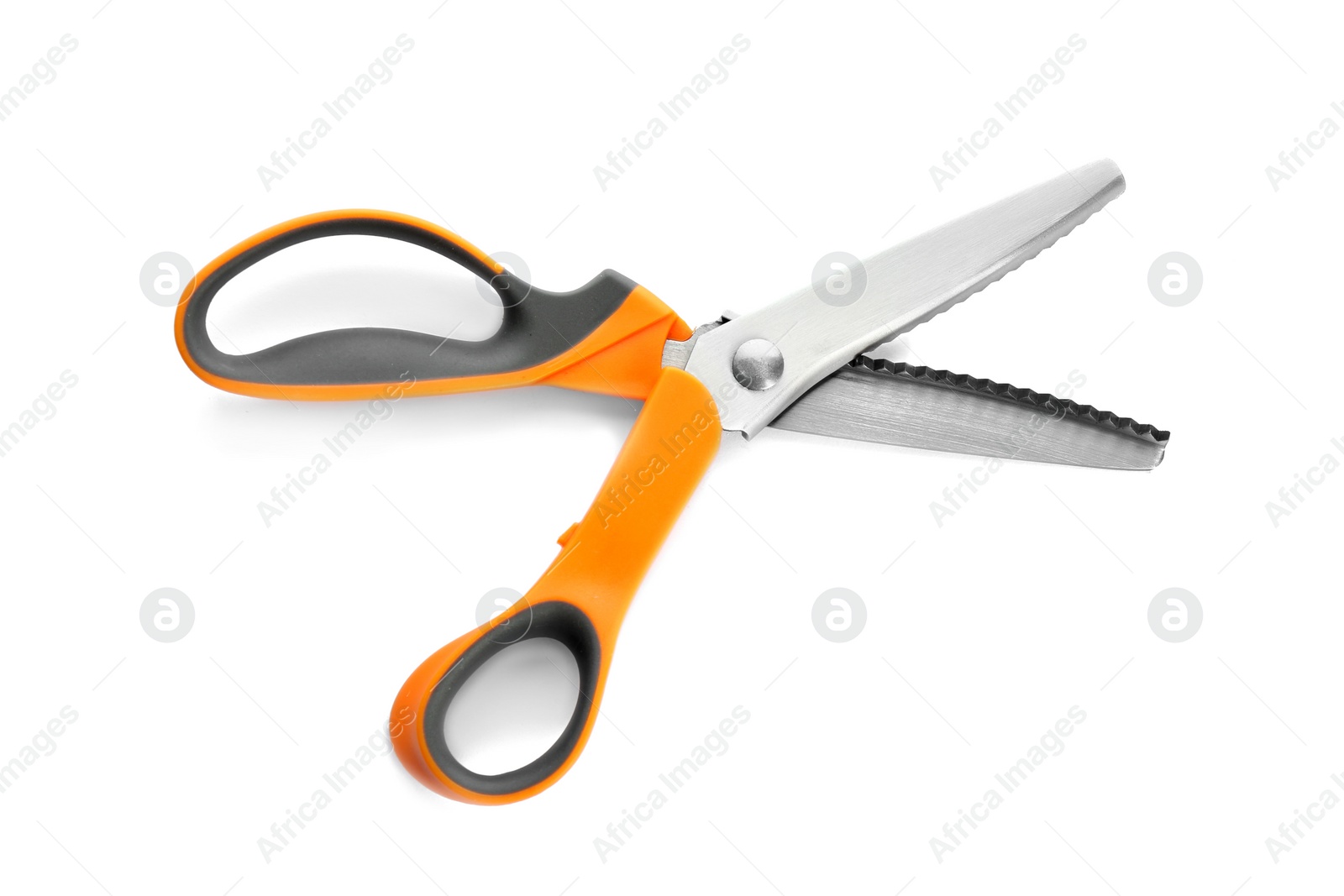 Photo of Pair of sharp sewing scissors on white background