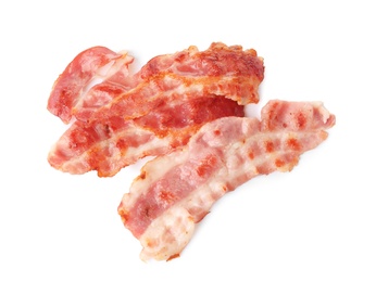 Photo of Slices of roasted bacon for burger isolated on white, top view