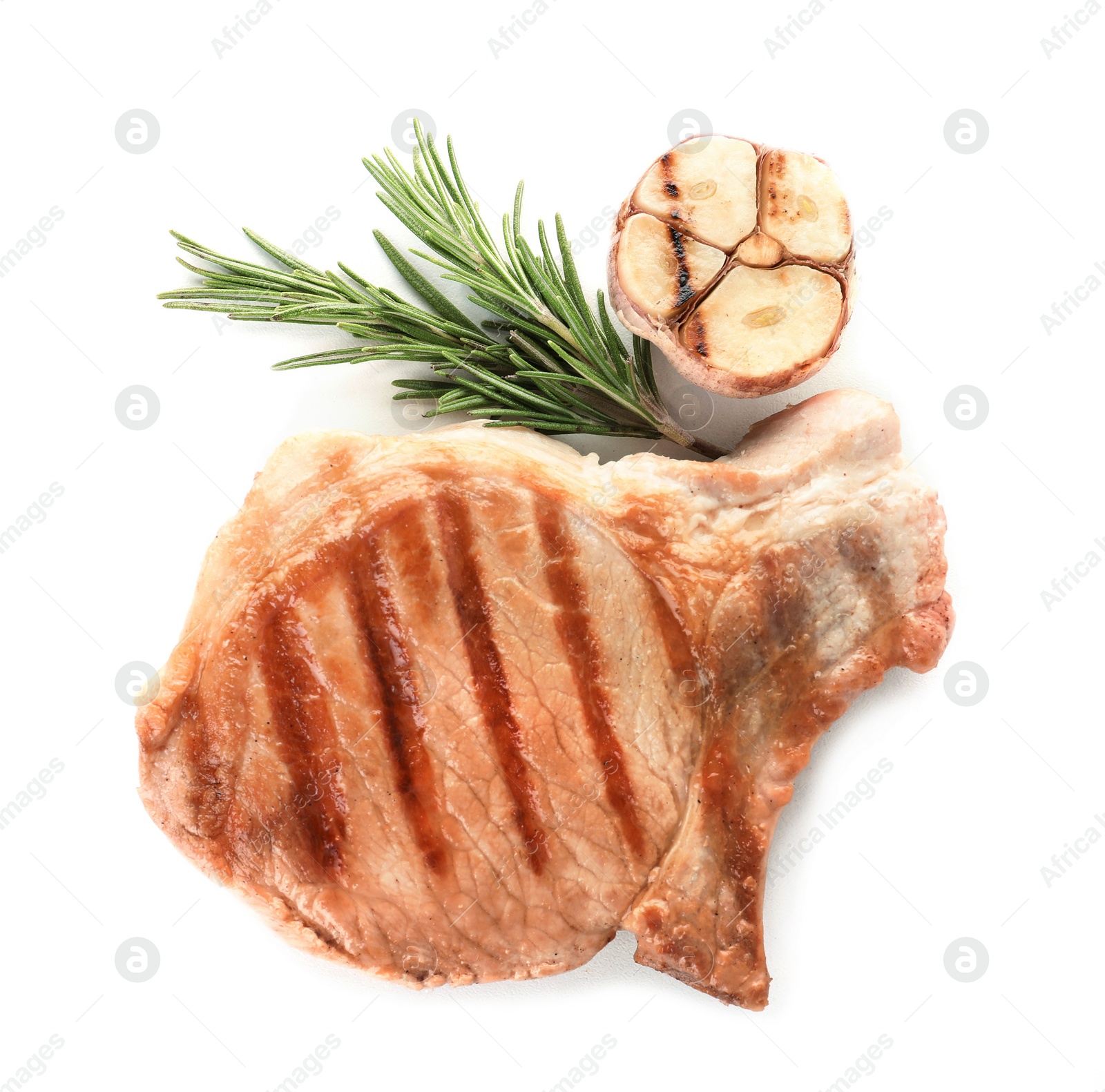 Photo of Delicious grilled meat with garlic and rosemary on white background, top view