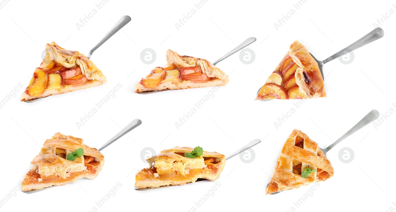 Image of Collage with pieces of delicious peach pie on white background, different sides