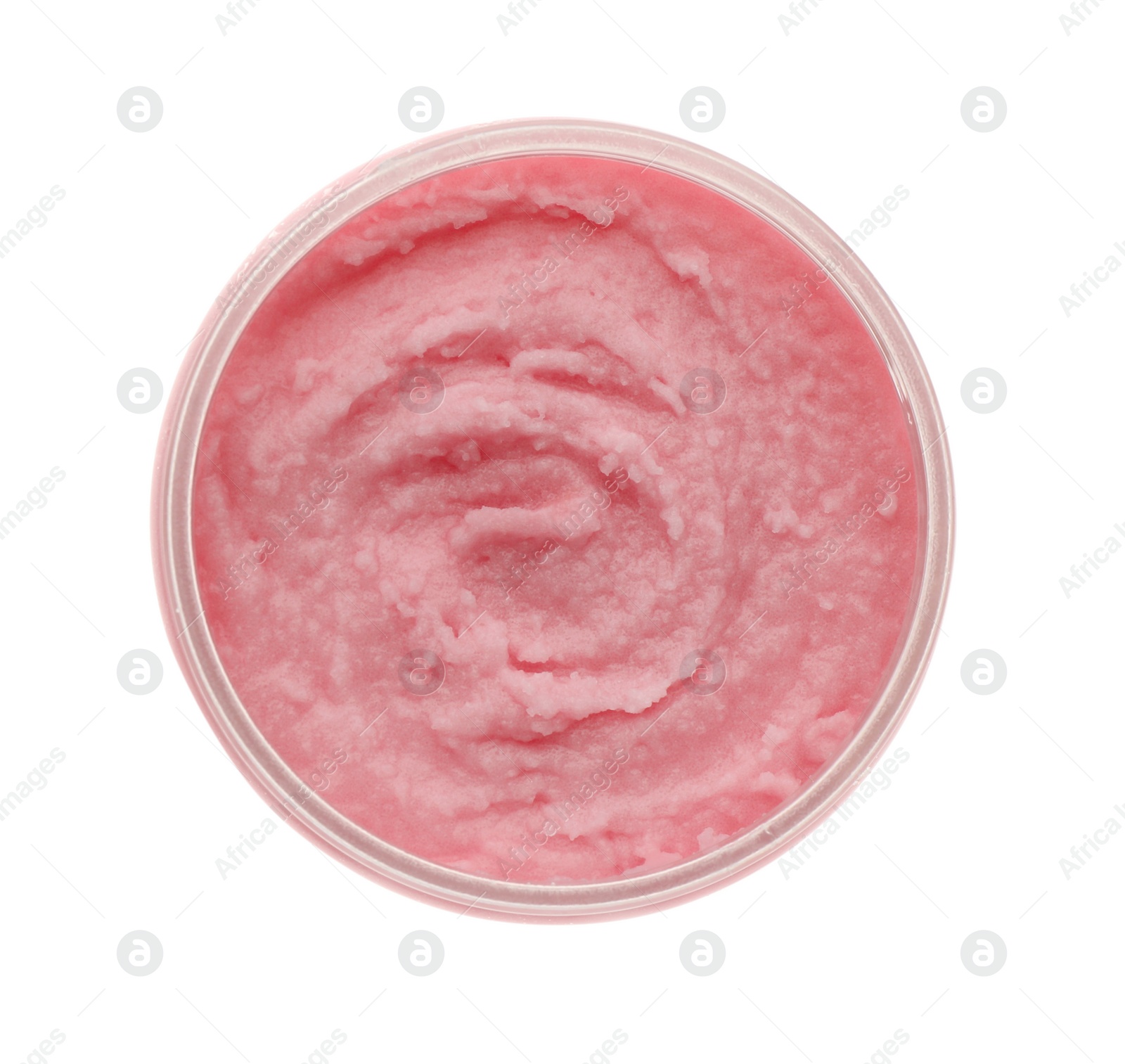 Photo of Body scrub in jar isolated on white, top view