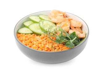 Photo of Delicious lentil bowl with shrimps and cucumber on white background