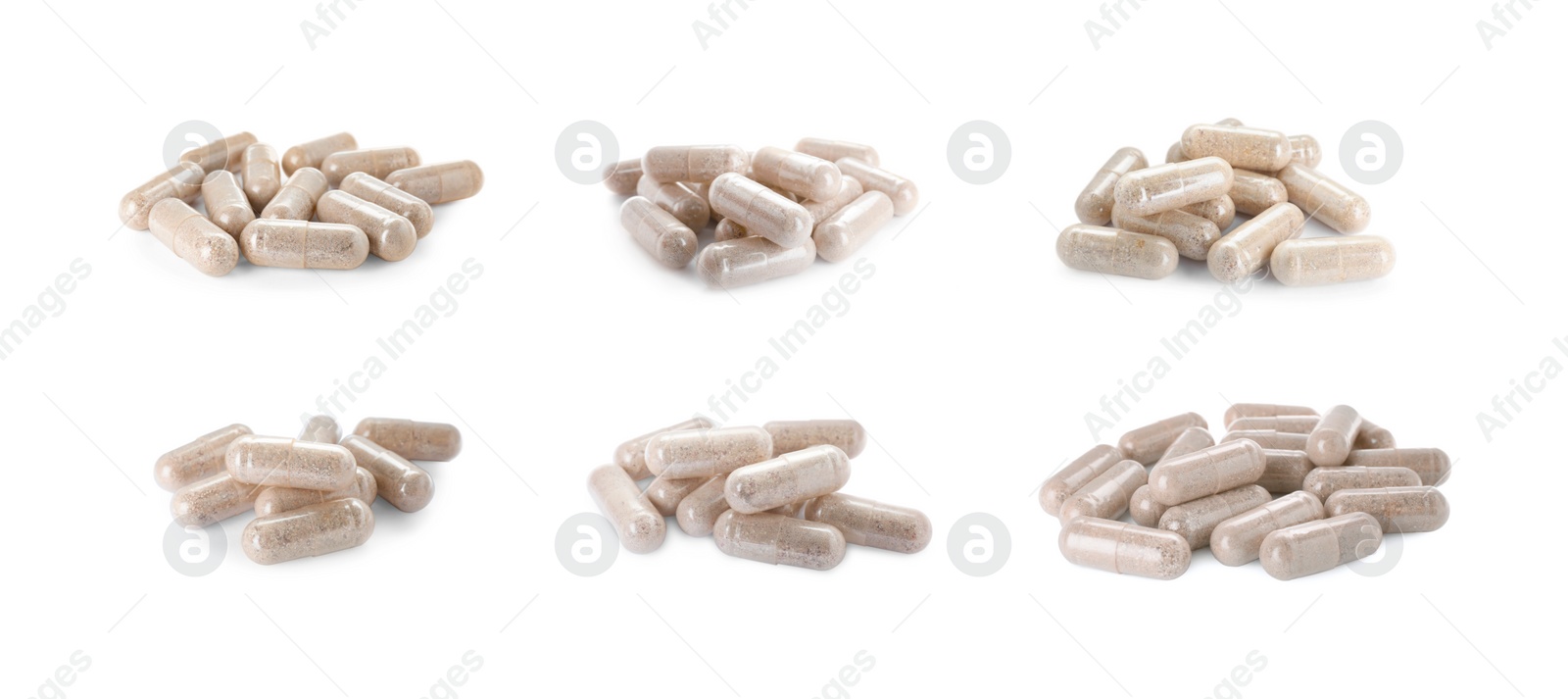 Image of Transparent gelatin capsules on white background, collage. Banner design 