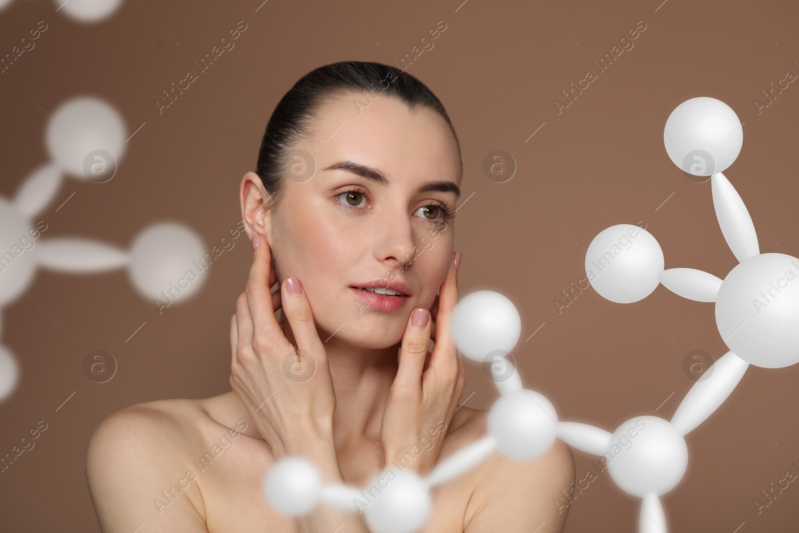 Image of Beautiful woman with perfect healthy skin and molecular model on brown background. Innovative cosmetology