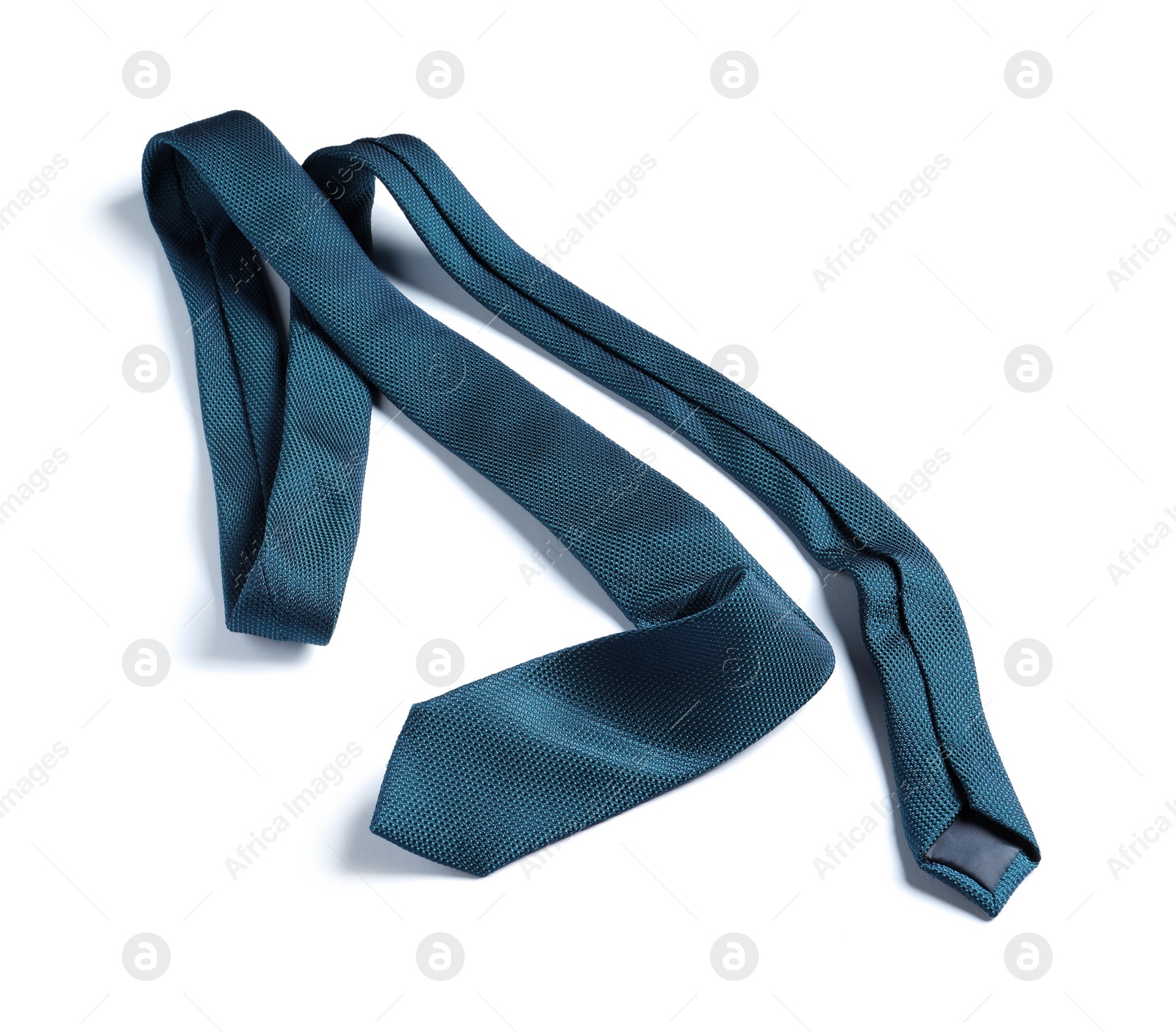 Photo of One blue necktie isolated on white, above view