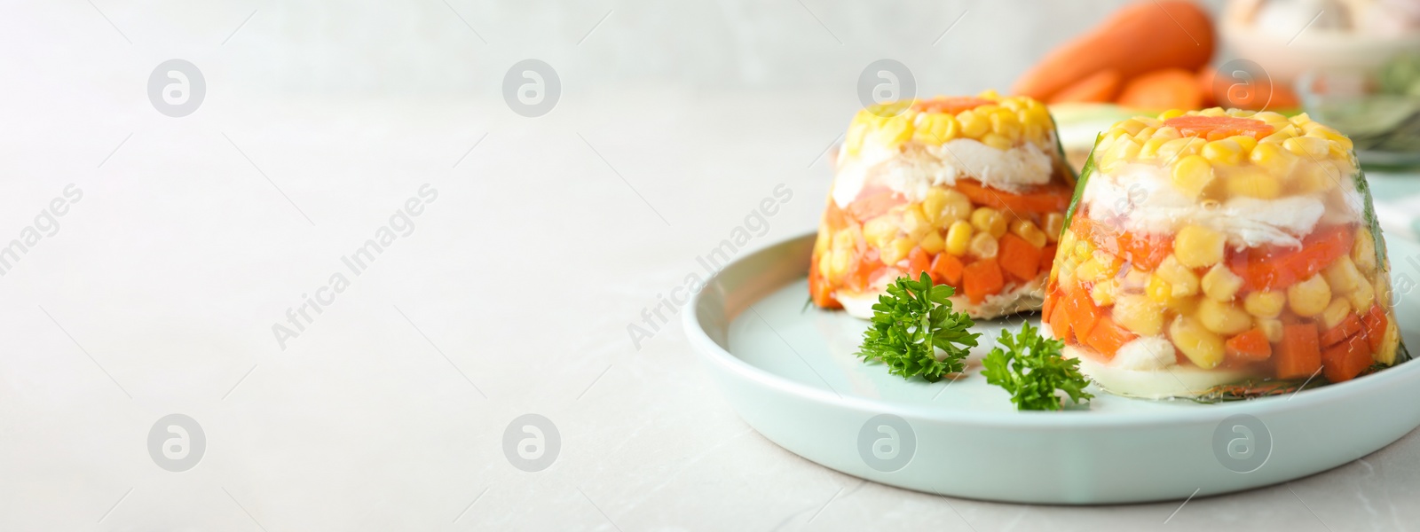 Image of Delicious fish aspic served on white table, space for text. Banner design