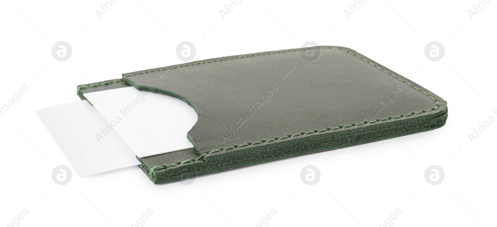 Photo of Leather business card holder with cards isolated on white