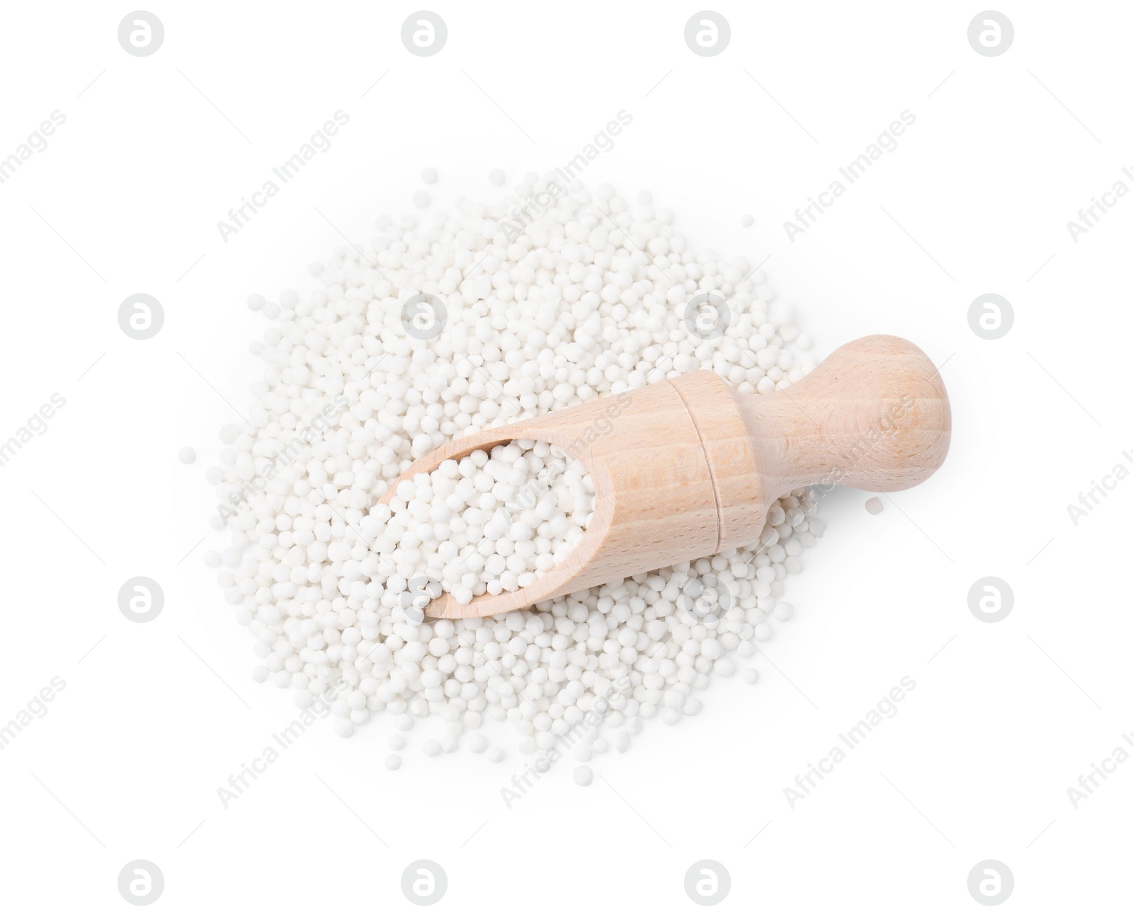 Photo of Pile of tapioca pearls and scoop isolated on white, top view