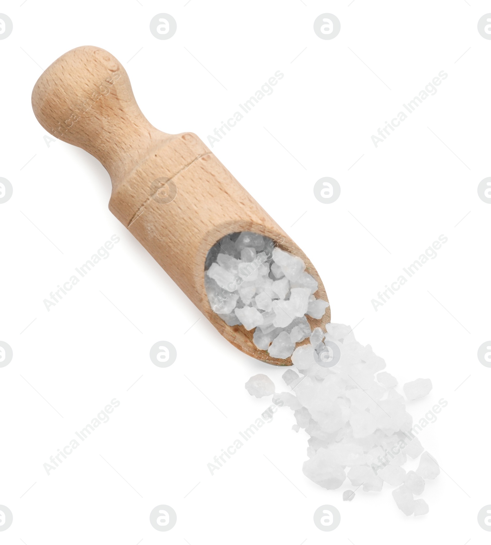 Photo of Scoop with sea salt isolated on white, top view