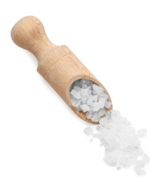 Photo of Scoop with sea salt isolated on white, top view