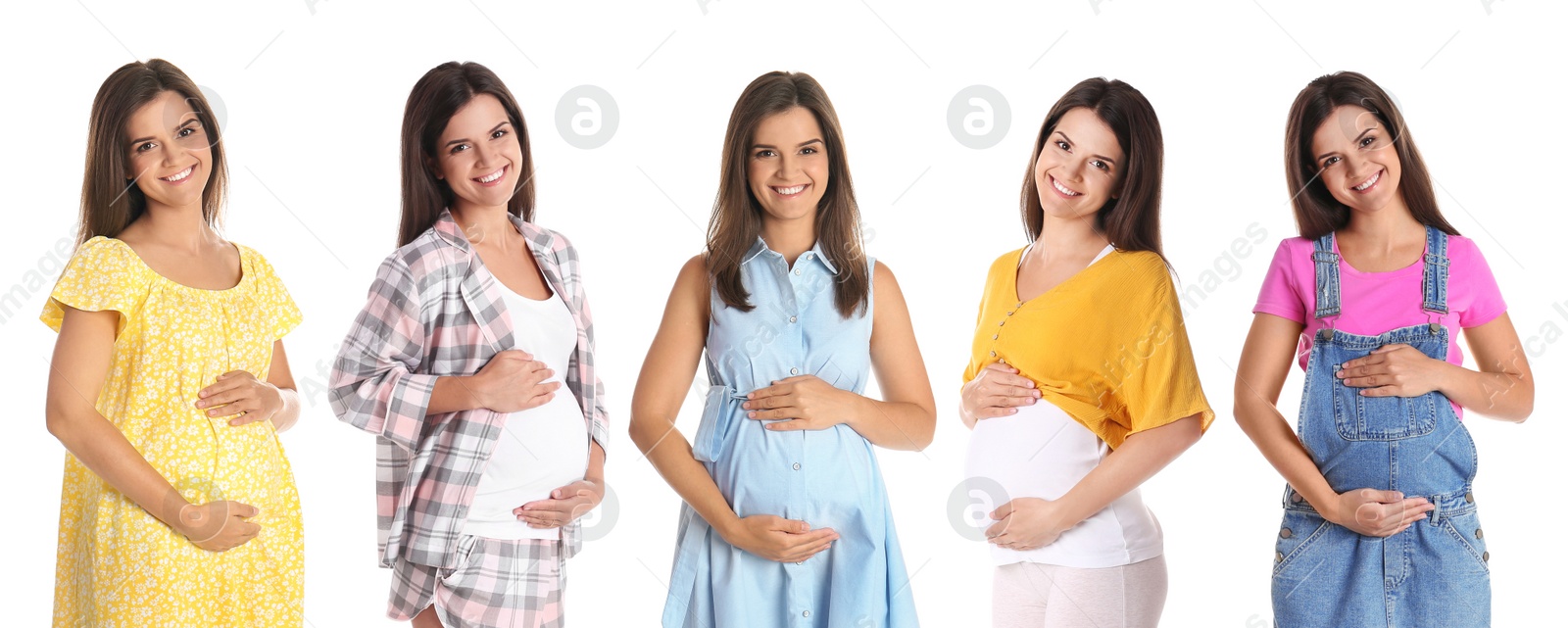 Image of Collage with photos of happy pregnant woman on white background. Banner design