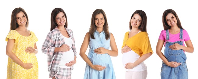 Image of Collage with photos of happy pregnant woman on white background. Banner design
