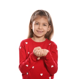 Photo of Little girl showing BELIEVE gesture in sign language on white background