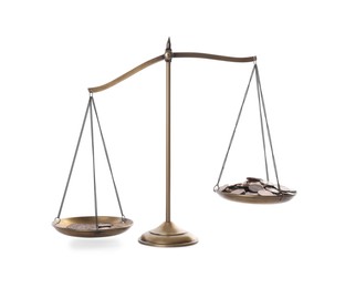 Photo of Scales with coins on white background. Harmony and balance concept