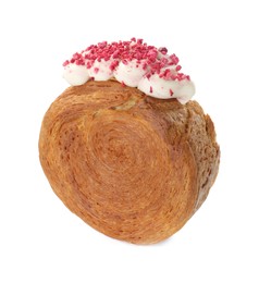 Photo of Round croissant with cream isolated on white. Tasty puff pastry