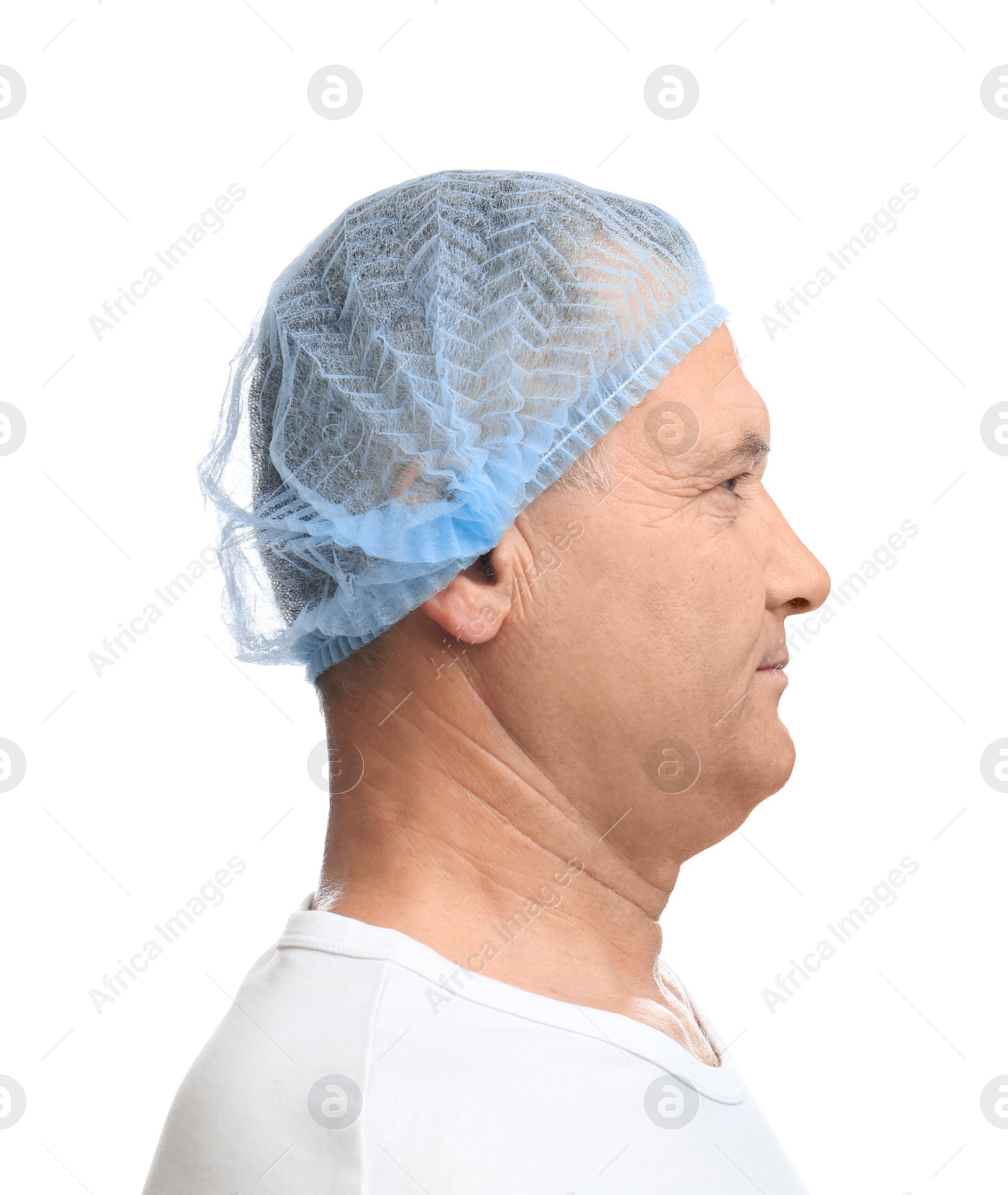 Photo of Mature man with double chin on white background