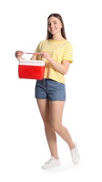 Happy young woman with plastic cool box isolated on white