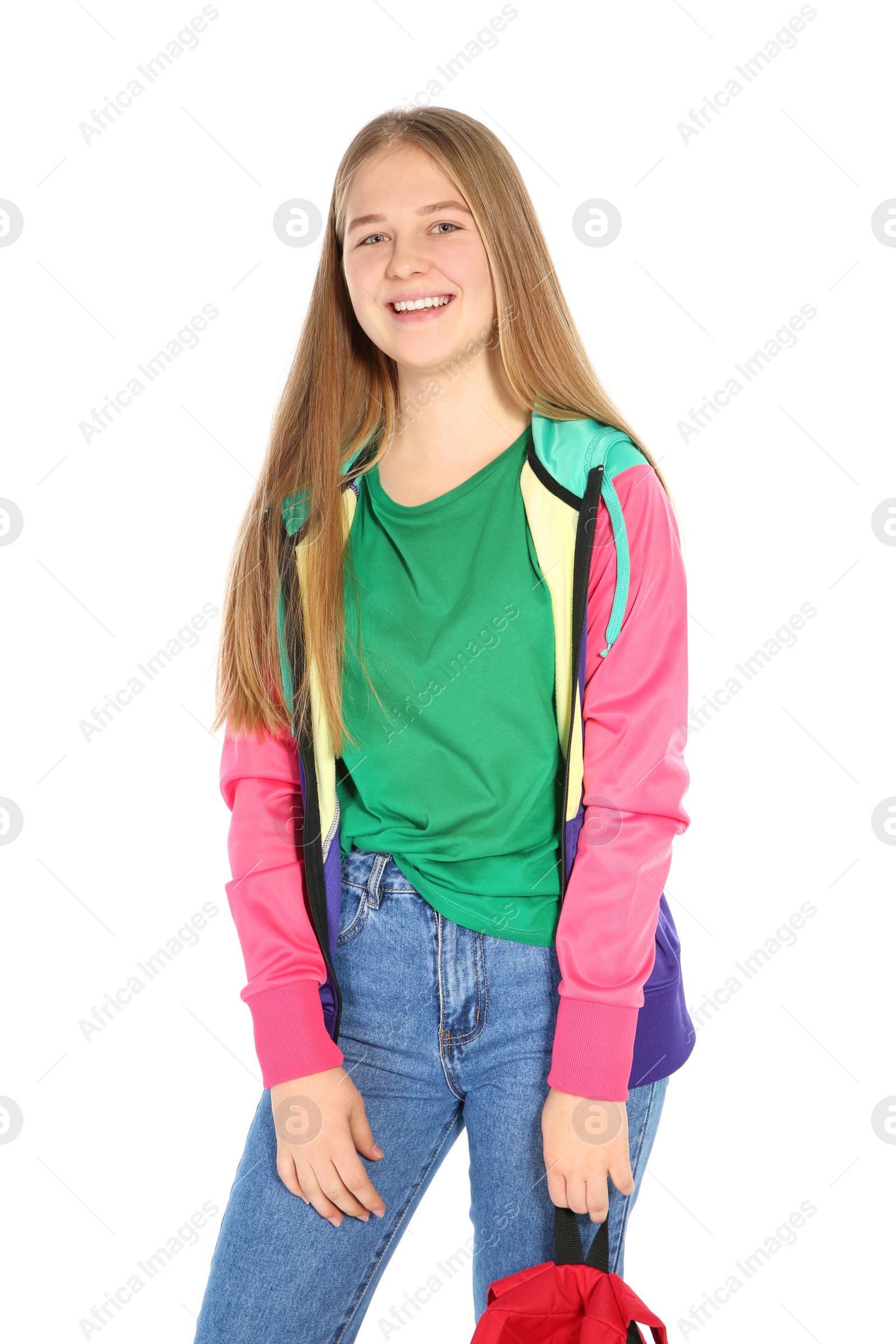 Photo of Happy teenager girl in casual clothes on white background
