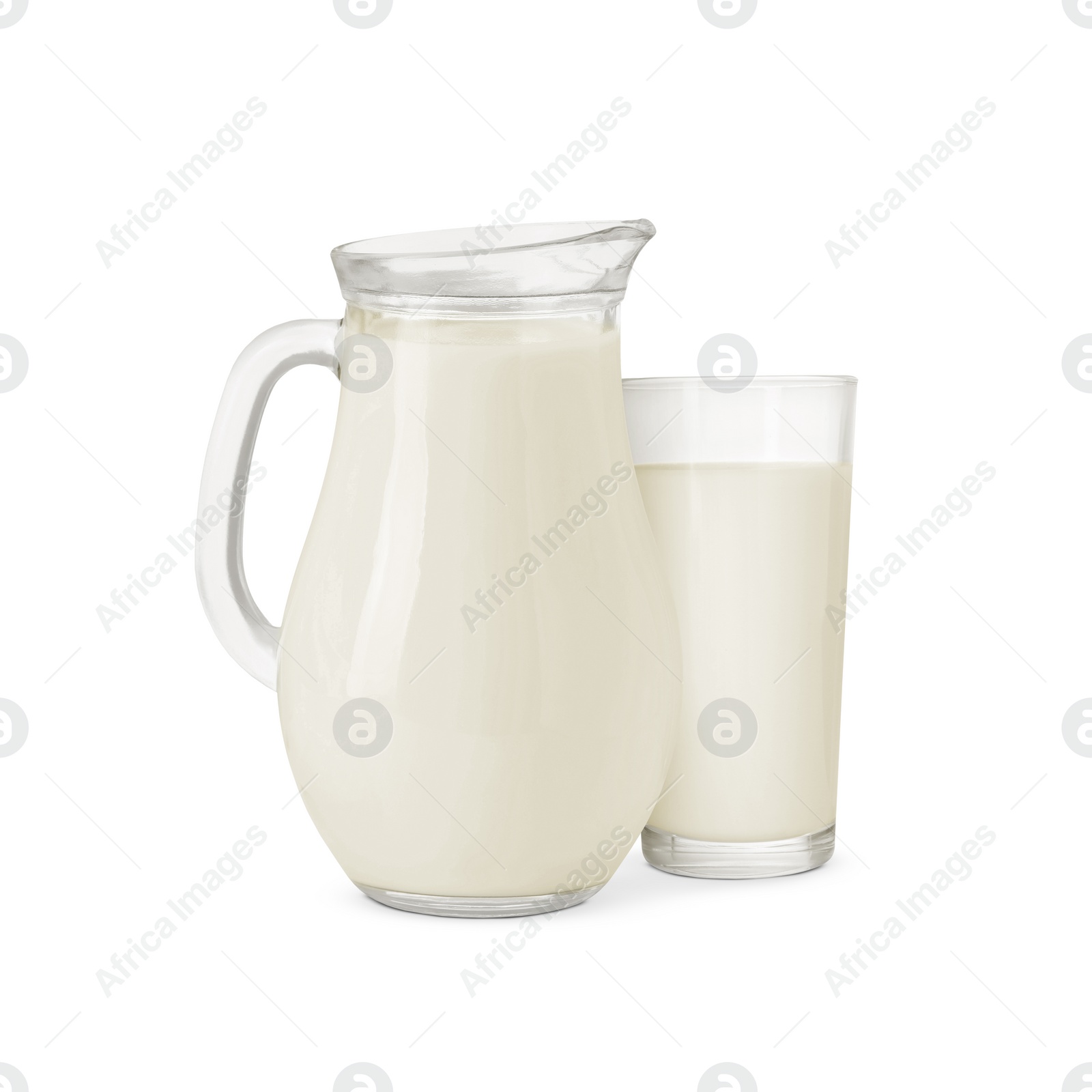 Image of Glass and jug with milk isolated on white