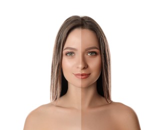 Image of Collage with photos of beautiful young woman before and after tanning on white background