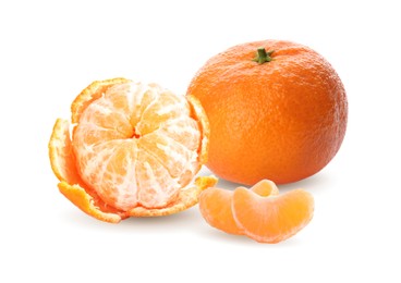 Image of Tasty fresh ripe tangerines on white background