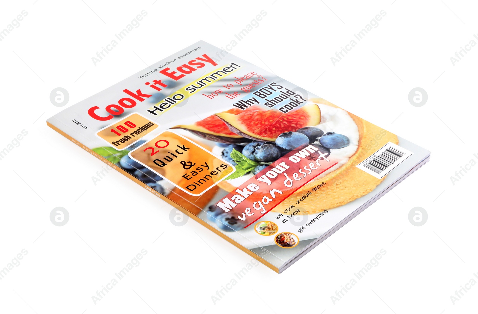 Photo of Modern printed culinary magazine on white background