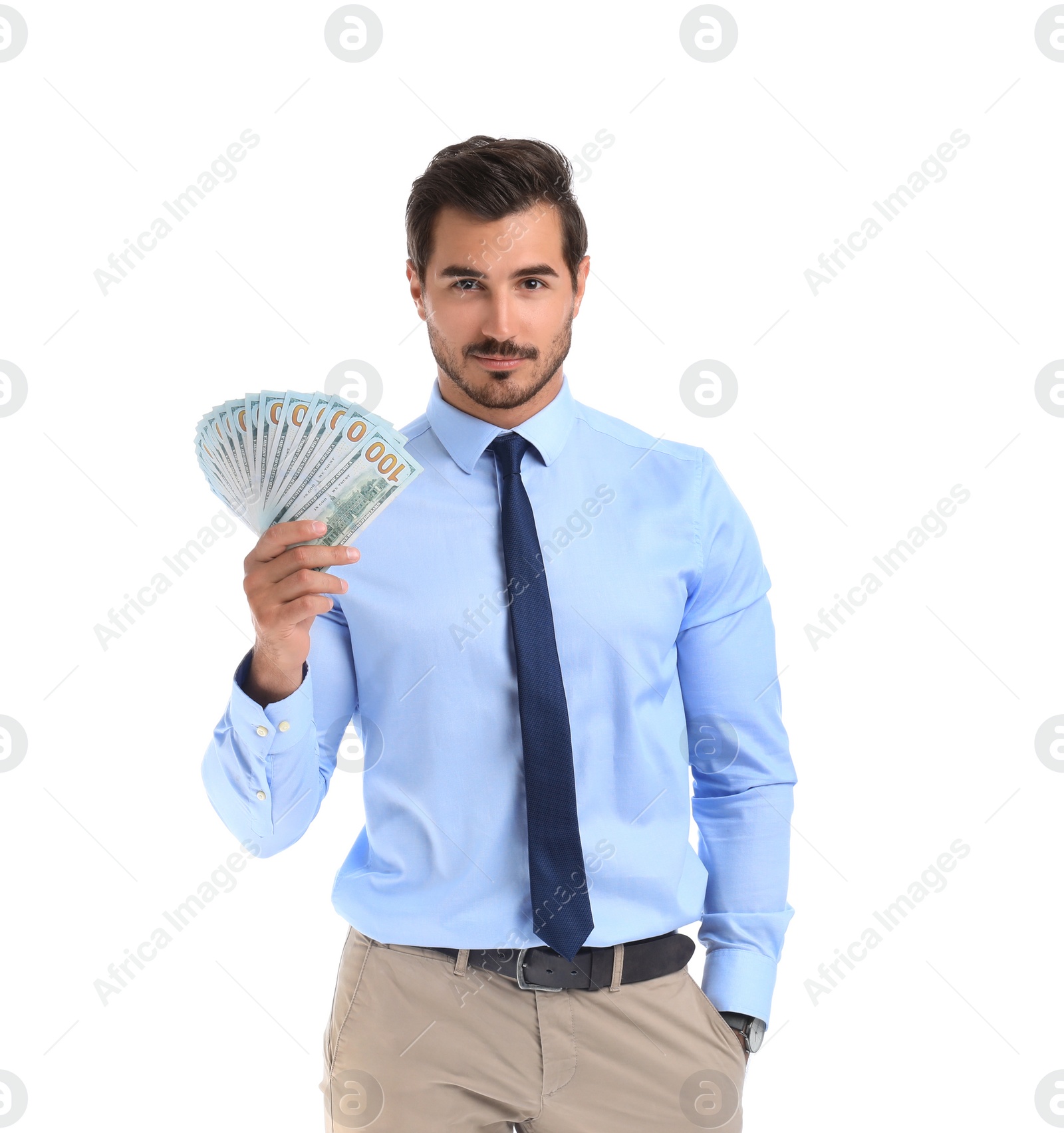 Photo of Handsome businessman with dollars on white background