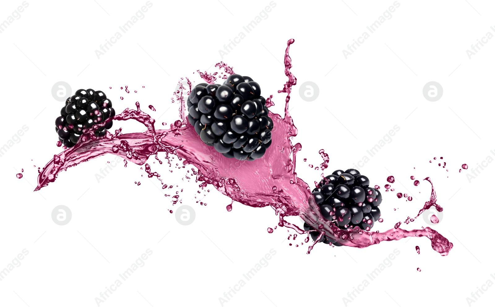 Image of Fresh blackberries and juice in air on white background