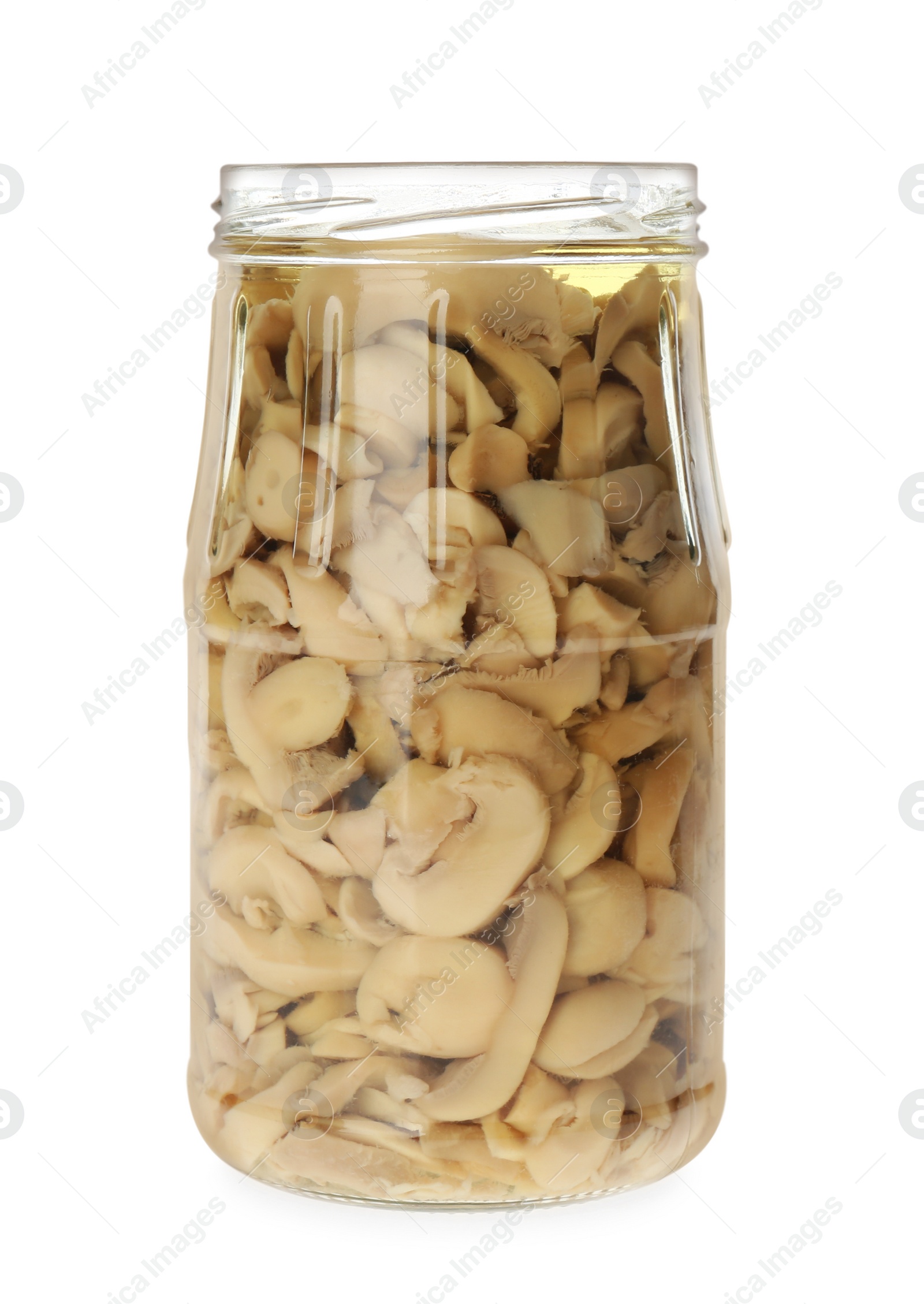 Photo of Jar of pickled mushrooms isolated on white