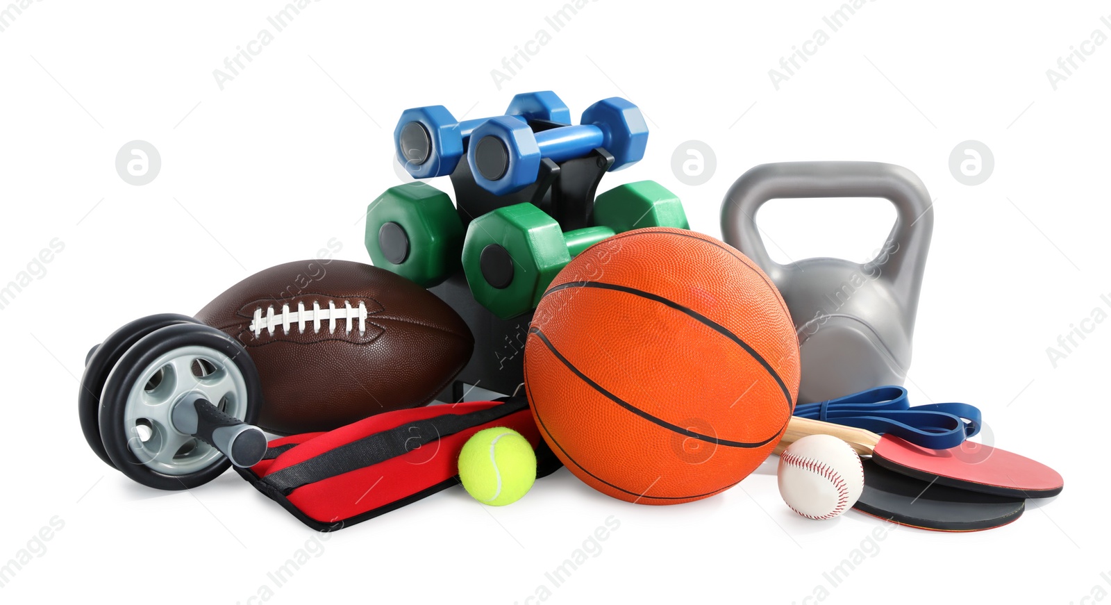Photo of Set of different sports equipment on white background