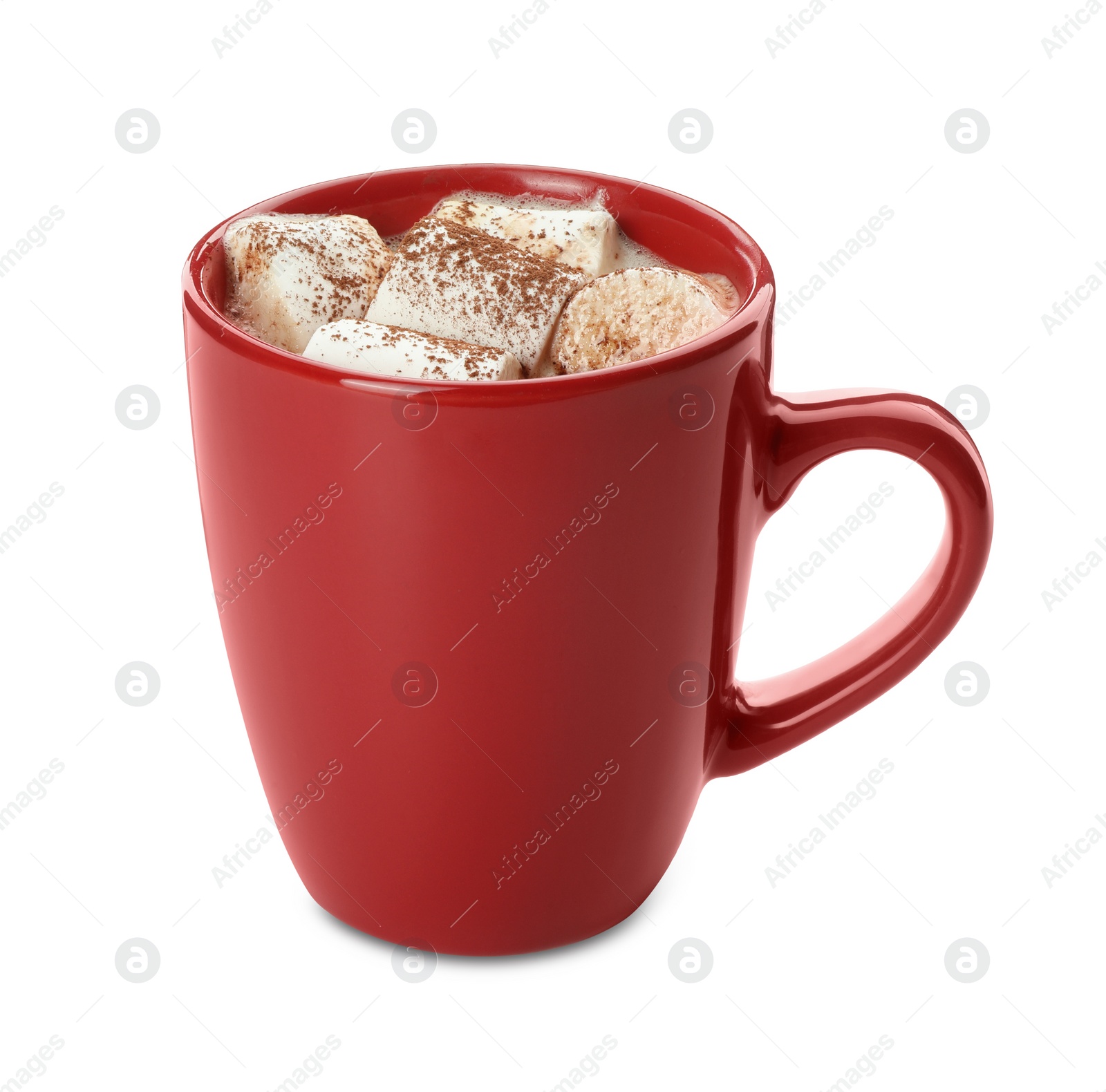 Photo of Delicious hot chocolate with marshmallows and cocoa powder in cup isolated on white