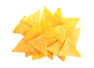 Tasty tortilla chips (nachos) on white background, top view