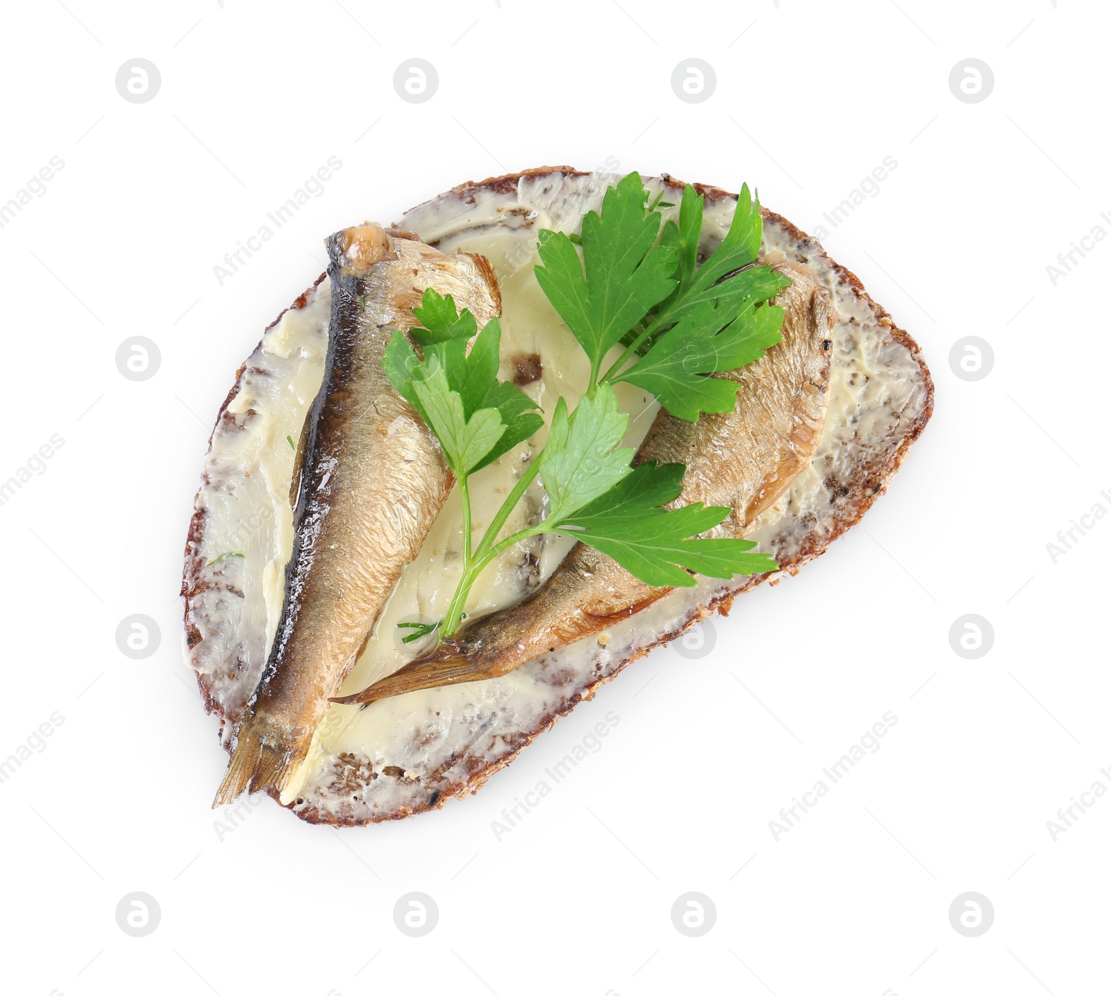 Delicious sandwich with smoked sprats and parsley isolated on white, top view Photo of Delicious sandwich with smoked sprats and parsley isolated on white, top view