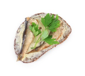 Photo of Delicious sandwich with smoked sprats and parsley isolated on white, top view