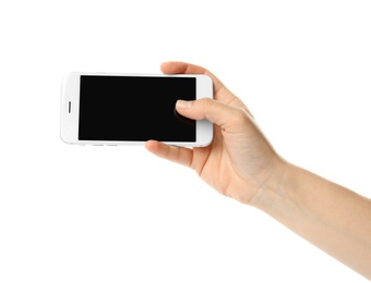 Photo of Woman with mobile phone taking selfie on white background