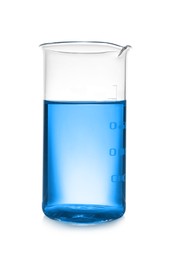 Image of Beaker with blue liquid isolated on white. Laboratory glassware
