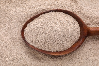 Spoon on pile of active dry yeast, top view